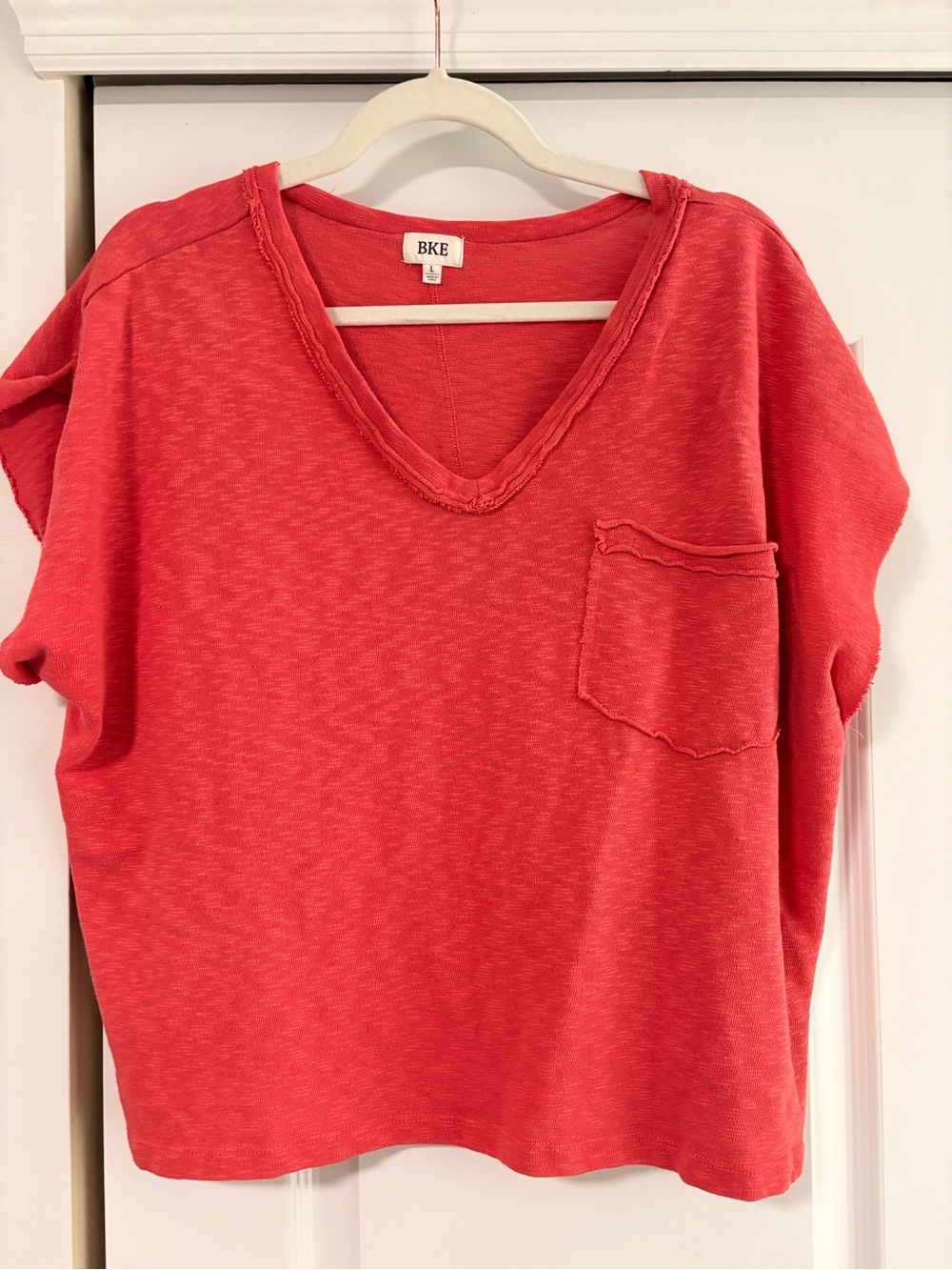 BKE Short Sleeve V-Neck Pocket Tee in Coral